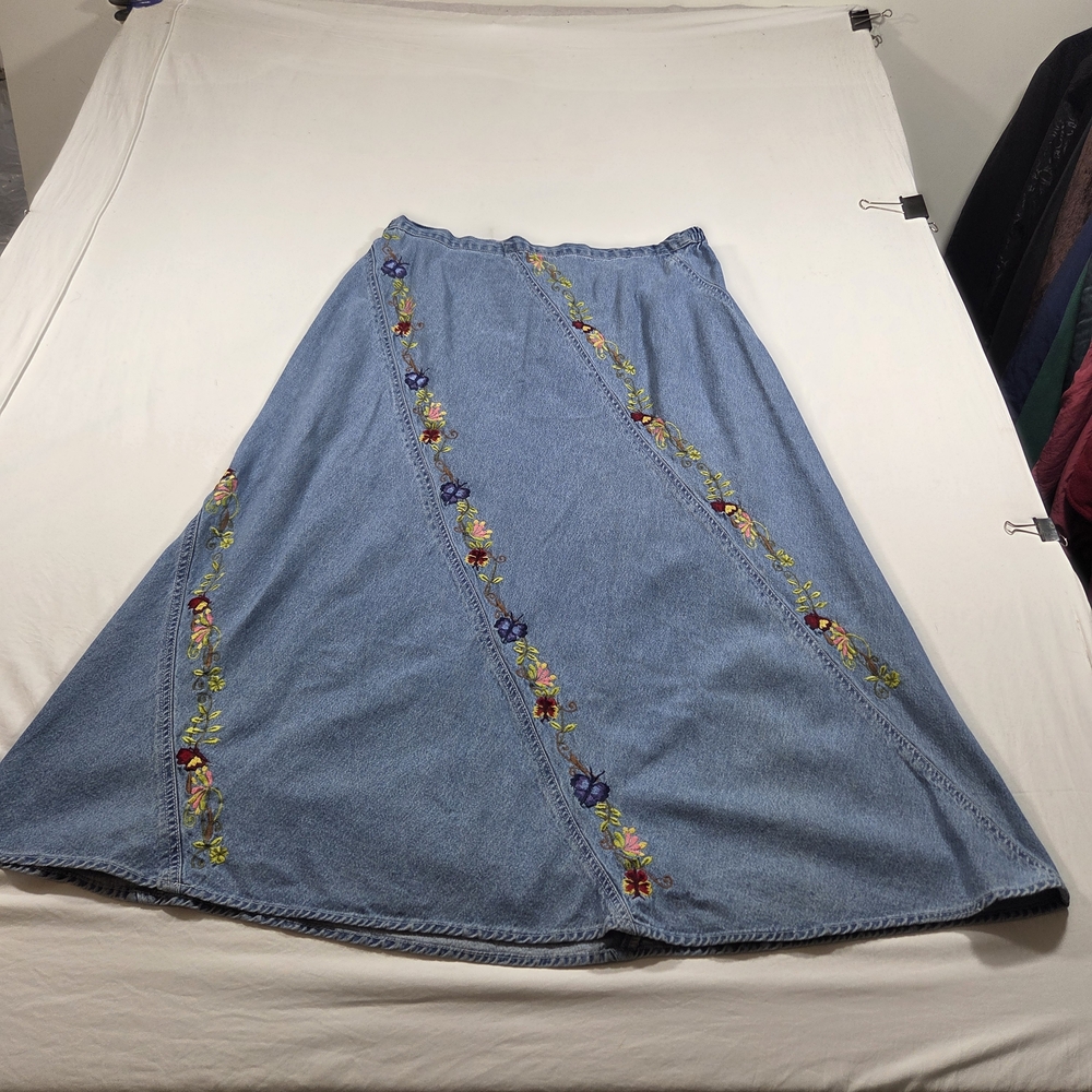 Floral Embroidered A-Line Denim Midi  Skirt Boho Vintage Prarie  STUDIO WEST
